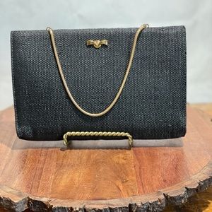 HL black linen fabric vintage clutch purse